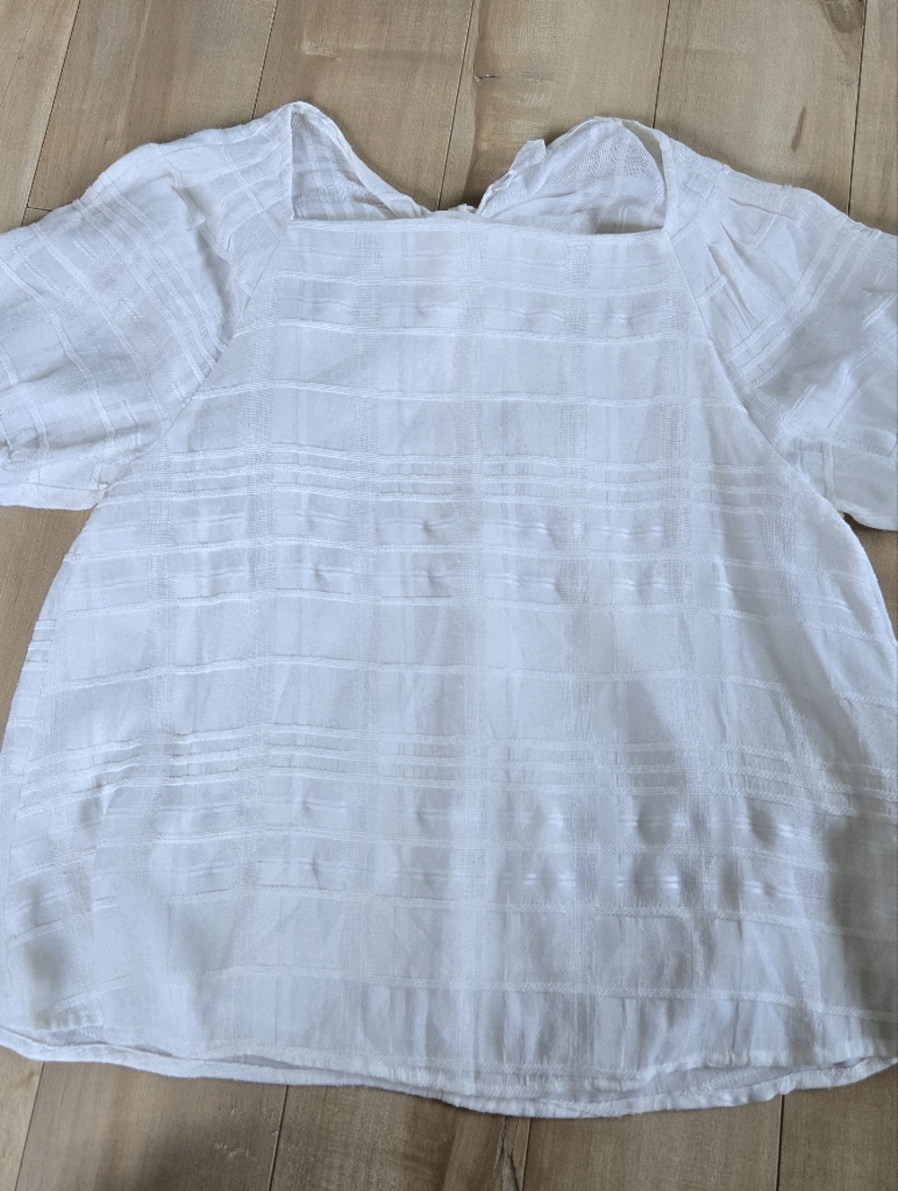 Club Monaco White Textured Windowpane Puff Sleeve Blouse - Square Neck